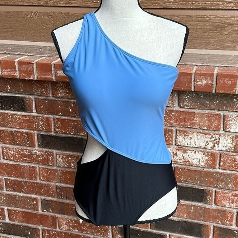One Shoulder Blue Colorblock Cutout Monokini One Piece Swimsuit Women's Large